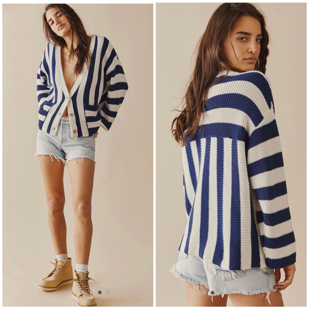 Free People Beach High Tide Cardigan Sweater Cotton Blend Medium Striped Boho - Picture 1 of 9